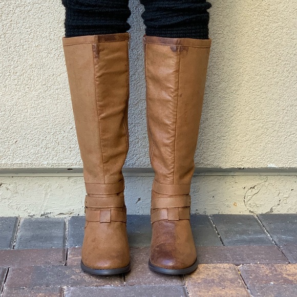 Distressed Cognac Burnished Toe Knee High l Boots - Picture 2 of 8